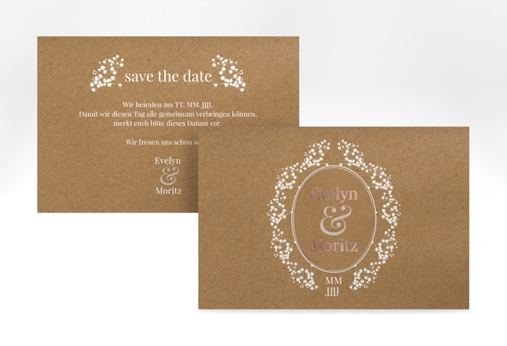 Save the Date-Karte Gypsophila A6 Karte quer rosegold im Vintage-Stil mit Blumenkranz aus Schleierkraut
