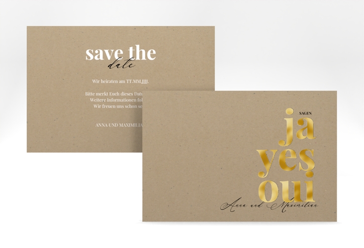 Save the Date-Karte Oui A6 Karte quer gold mit Ja-Wort in verschiedenen Sprachen
