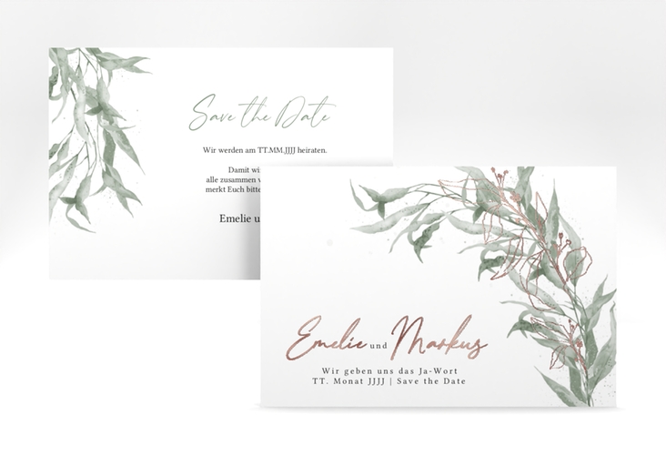 Save the Date-Karte Eucalyptus Green A6 Karte quer rosegold