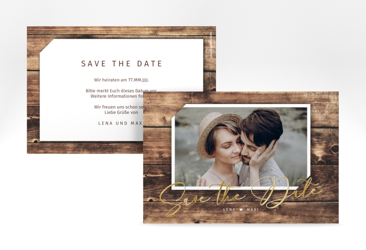 Save the Date-Karte Rustic A6 Karte quer gold in Holz-Optik mit Foto