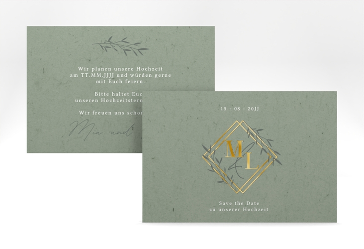 Save the Date-Karte Greenletter A6 Karte quer gold mit Initialen in elegantem Goldrahmen mit Blättern