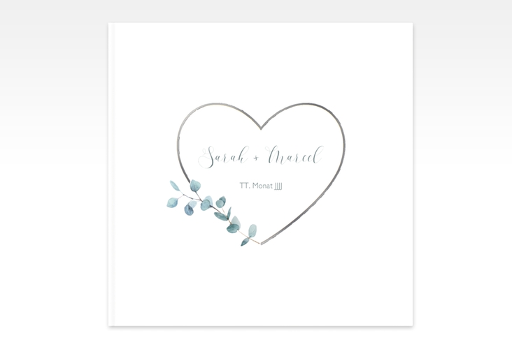 Gästebuch Creation Hochzeit Greenheart 20 x 20 cm, Hardcover silber mit elegantem Herz und Eukalyptus-Zweig