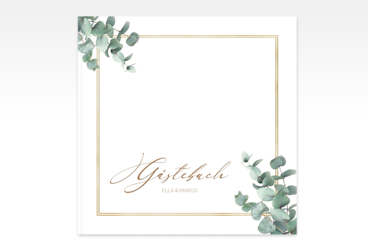 Gästebuch Creation Hochzeit Eucalypt 20 x 20 cm, Hardcover gold mit Eukalyptus und edlem Rahmen