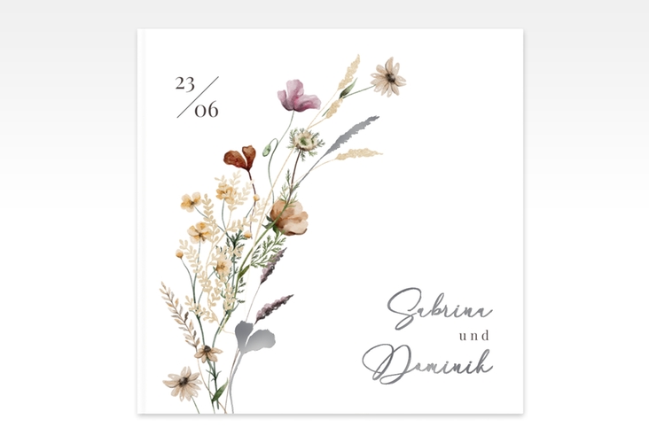 Gästebuch Creation Hochzeit Sauvages 20 x 20 cm, Hardcover silber mit getrockneten Wiesenblumen