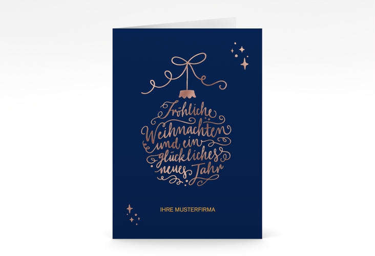 Business-Weihnachtskarte Lichterglanz A6 Klappkarte hoch rosegold für Firmen, mit Weihnachtskugel-Kalligrafie