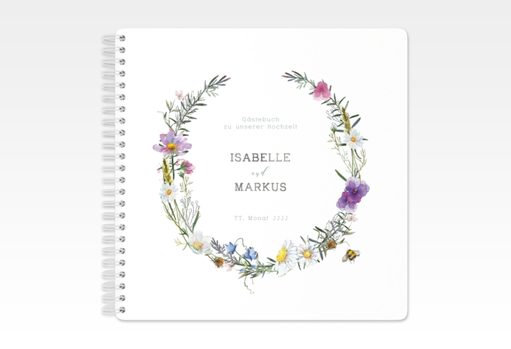 Gästebuch Hochzeit Blumengarten Ringbindung silber mit Blumenkranz und Hummel