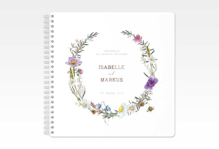 Gästebuch Hochzeit Blumengarten Ringbindung rosegold mit Blumenkranz und Hummel