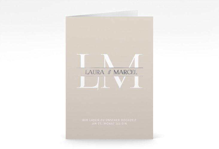 Einladungskarte Hochzeit Monogramm A6 Klappkarte hoch silber