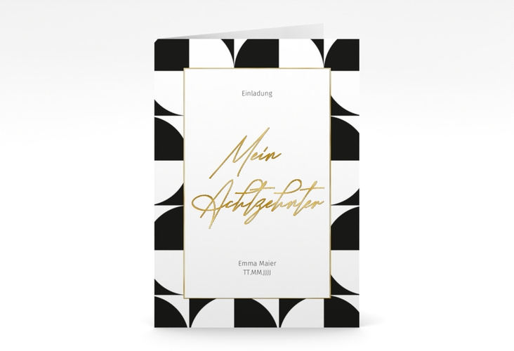 Einladung Geburtstag Schwarzweiss A6 Klappkarte hoch gold