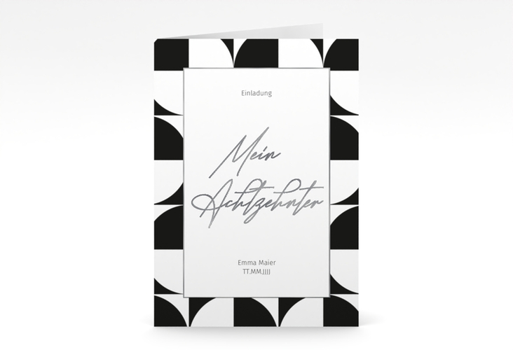Einladung Geburtstag Schwarzweiss A6 Klappkarte hoch silber