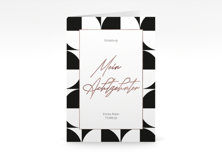 Einladung Geburtstag Schwarzweiss A6 Klappkarte hoch rosegold
