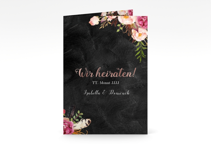 Einladungskarte Hochzeit Flowers A6 Klappkarte hoch rosegold mit bunten Aquarell-Blumen