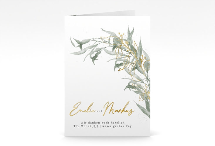 Danksagungskarte Hochzeit Eucalyptus Green A6 Klappkarte hoch gold mit Gräsern und Trockenblumen für Boho-Hochzeit