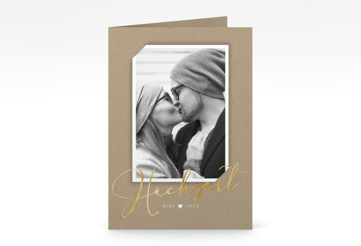 Einladungskarte Hochzeit Crafty A6 Klappkarte hoch gold mit Foto des Brautpaars