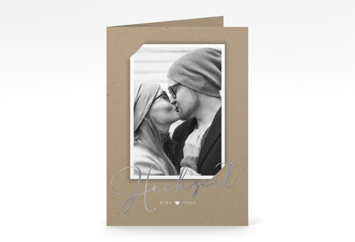 Einladungskarte Hochzeit Crafty A6 Klappkarte hoch silber mit Foto des Brautpaars