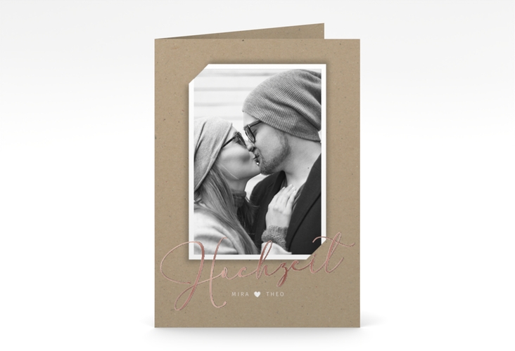 Einladungskarte Hochzeit Crafty A6 Klappkarte hoch rosegold mit Foto des Brautpaars