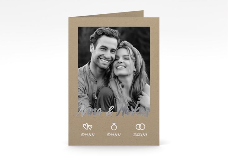 Einladungskarte Hochzeit Icons A6 Klappkarte hoch silber im Kraftpapier-Look mit Foto