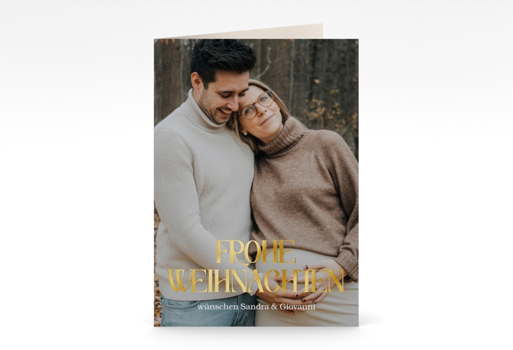 Weihnachtskarte Weihnachtspyjama A6 Klappkarte hoch gold