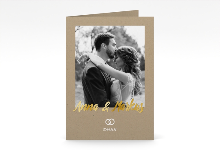 Dankeskarte Hochzeit Icons A6 Klappkarte hoch gold im Kraftpapier-Look mit Foto