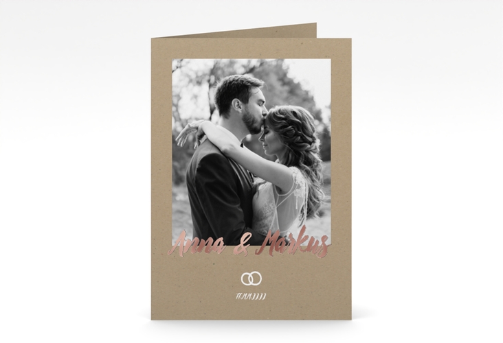 Dankeskarte Hochzeit Icons A6 Klappkarte hoch rosegold im Kraftpapier-Look mit Foto