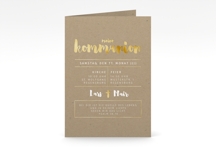 Einladungskarte Kommunion Religioso A6 Klappkarte hoch gold in Kraftpapier-Optik
