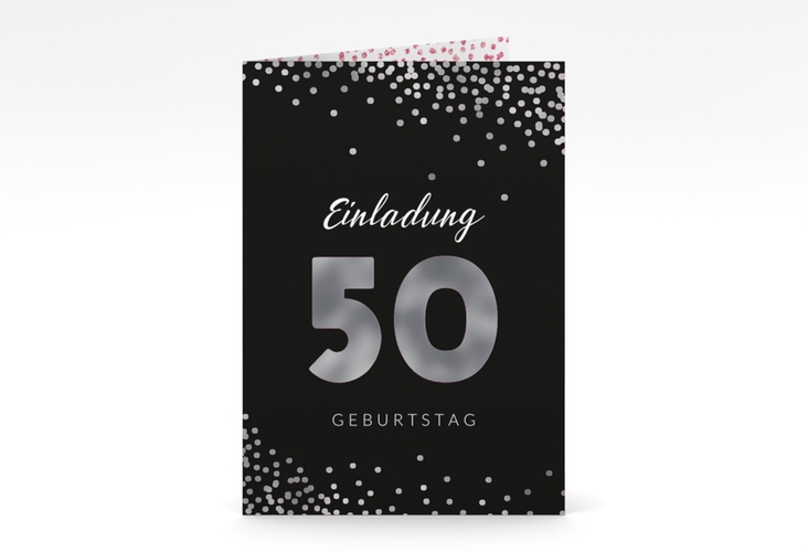Einladung 50. Geburtstag Glitzer A6 Klappkarte hoch silber