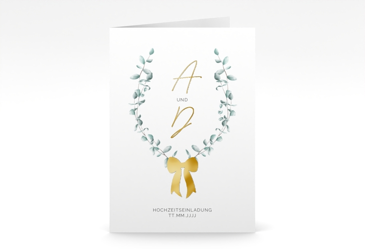 Einladungskarte Hochzeit Eucalypt Bow A6 Klappkarte hoch gold