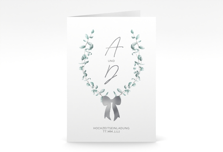 Einladungskarte Hochzeit Eucalypt Bow A6 Klappkarte hoch silber