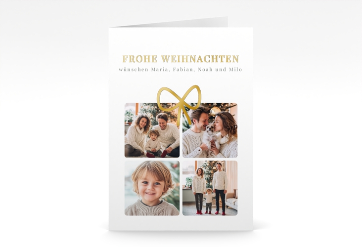 Weihnachtskarte Weihnachtsgeschenk A6 Klappkarte hoch gold mit Tanne und Stechpalme im Schiefertafel-Look