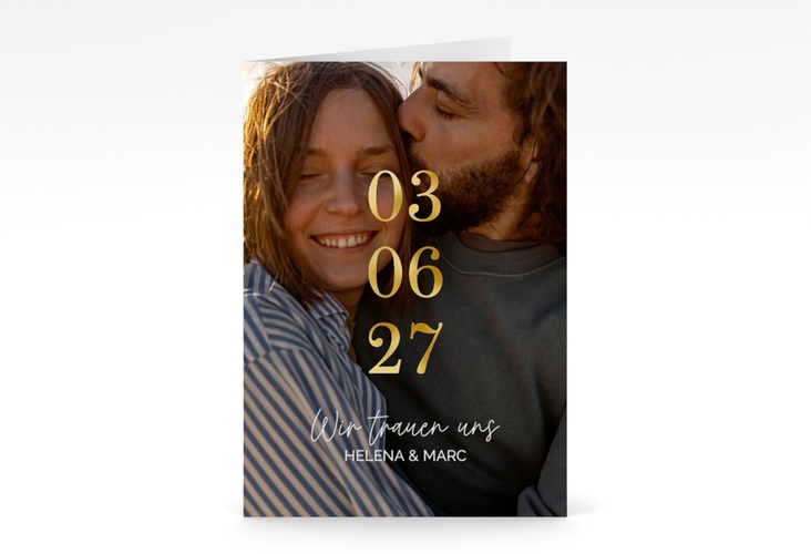 Einladung Hochzeit You and Me A6 Klappkarte hoch gold