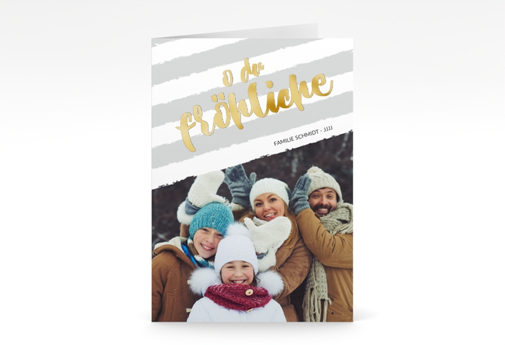 Weihnachtskarte Weihnachtslied A6 Klappkarte hoch gold gestreift mit Familienfoto