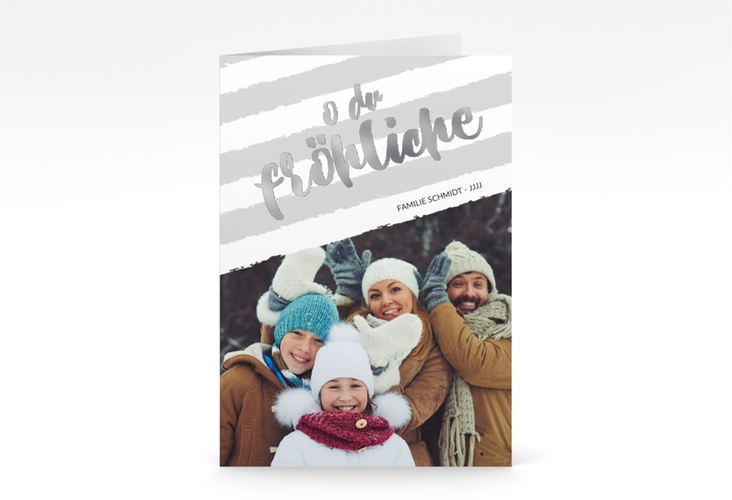 Weihnachtskarte Weihnachtslied A6 Klappkarte hoch silber gestreift mit Familienfoto