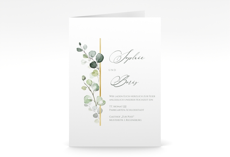 Einladungskarte Hochzeit Adelya A6 Klappkarte hoch gold elegant mit Eukalyptus-Motiv