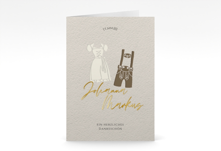 Danksagungskarte Hochzeit Trachenhochzeit A6 Klappkarte hoch gold mit Dirndl und Lederhose