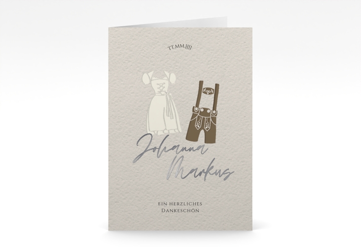 Danksagungskarte Hochzeit Trachenhochzeit A6 Klappkarte hoch silber mit Dirndl und Lederhose