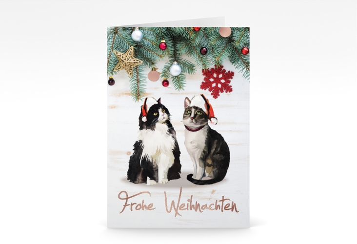 Weihnachtskarte Catmas A6 Klappkarte hoch rosegold mit lustigem Katzen-Motiv
