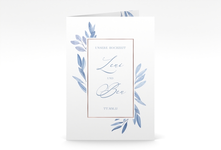 Einladungskarte Hochzeit Classicblue A6 Klappkarte hoch rosegold