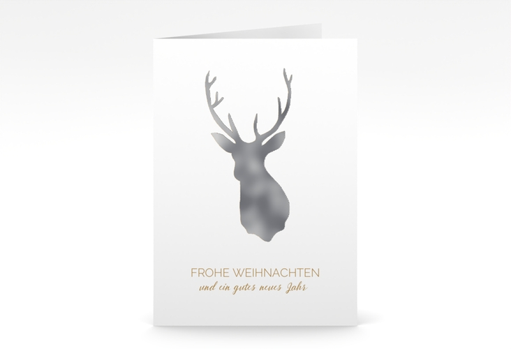 Business-Weihnachtskarte Deer A6 Klappkarte hoch silber und weiß mit Reh-Kopf