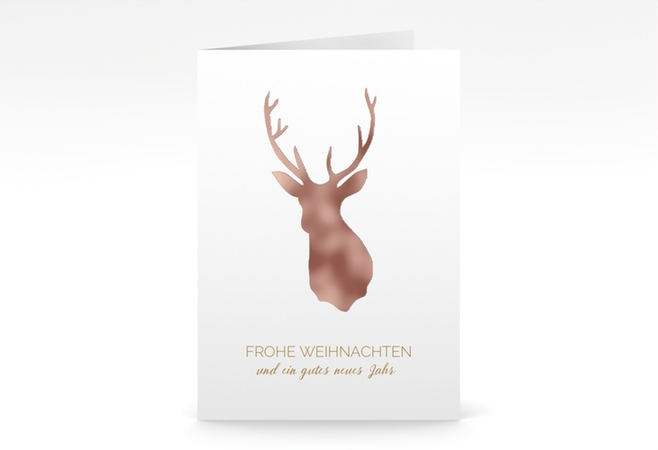Business-Weihnachtskarte Deer A6 Klappkarte hoch rosegold und weiß mit Reh-Kopf