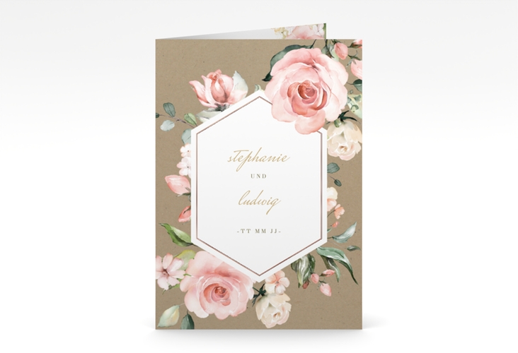 Einladungskarte Hochzeit Graceful A6 Klappkarte hoch rosegold mit Rosenblüten in Rosa und Weiß