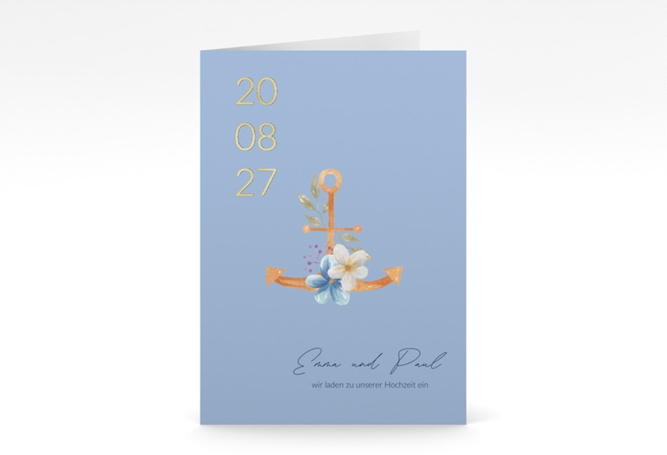 Einladungskarte Hochzeit Anker Floral A6 Klappkarte hoch gold