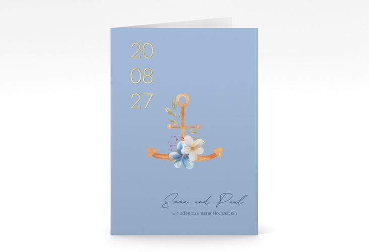 Einladungskarte Hochzeit Anker Floral A6 Klappkarte hoch gold