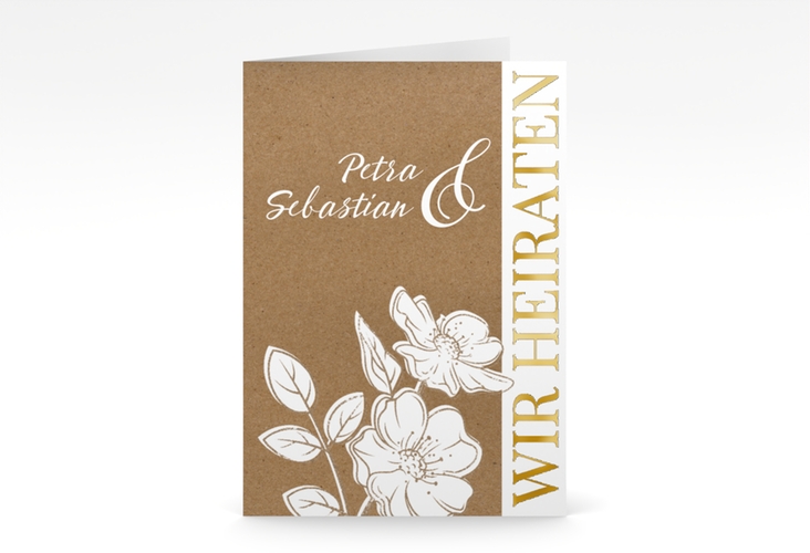Einladungskarte Hochzeit Windflower A6 Klappkarte hoch gold mit Wildrosen