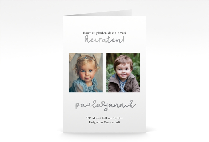 Einladungskarte Hochzeit Kindheitsfotos A6 Klappkarte hoch silber