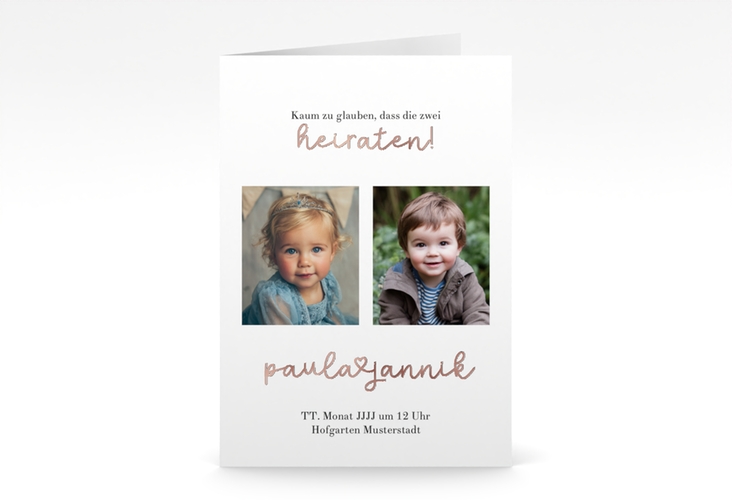 Einladungskarte Hochzeit Kindheitsfotos A6 Klappkarte hoch rosegold