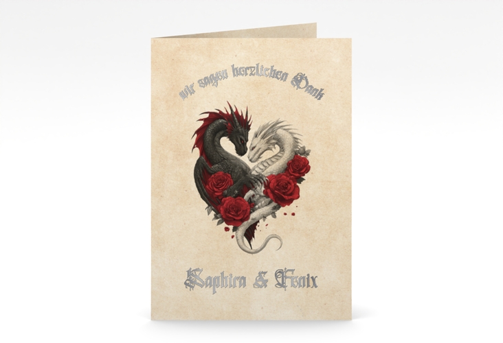 Danksagungskarte Drachenliebe A6 Klappkarte hoch silber mit schwarzem und weißem Drachen zu einem Herz verschlungen