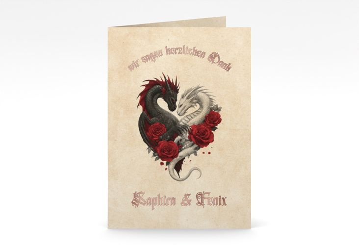 Danksagungskarte Drachenliebe A6 Klappkarte hoch rosegold mit schwarzem und weißem Drachen zu einem Herz verschlungen