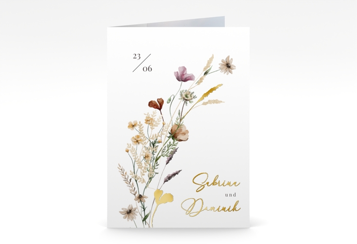 Einladungskarte Hochzeit Sauvages A6 Klappkarte hoch gold mit getrockneten Wiesenblumen