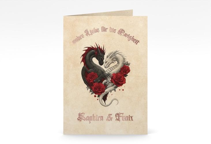 Einladungskarte Hochzeit Drachenliebe A6 Klappkarte hoch rosegold mit schwarzem und weißem Drachen zu einem Herz verschlungen