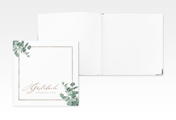 Gästebuch Creation Ferienwohnung Loggia 20 x 20 cm, Hardcover silber mit Eukalyptus-Zweigen